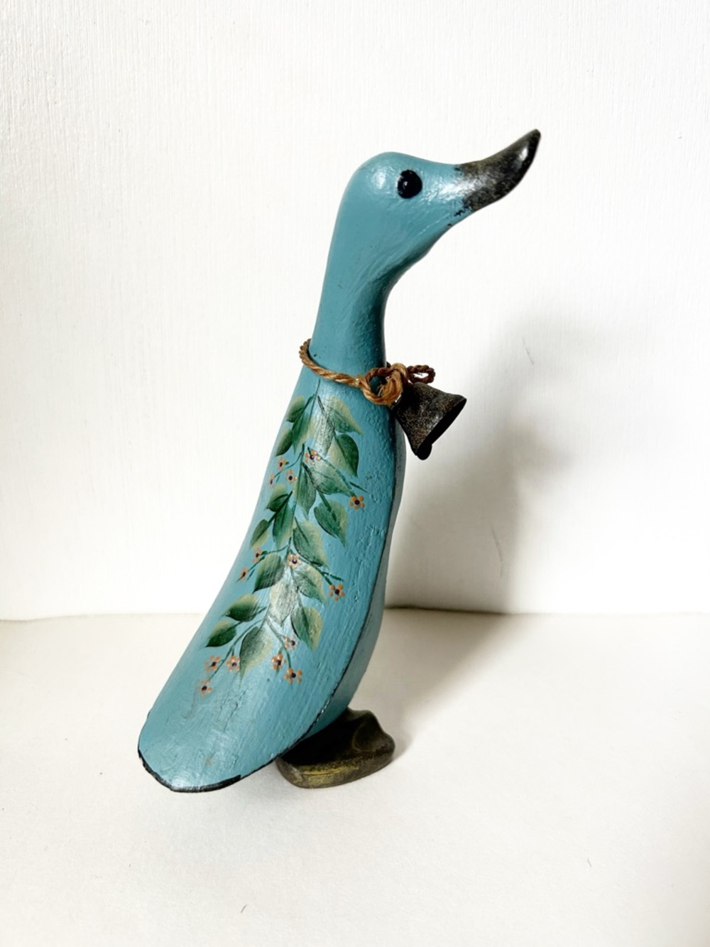 Duck Figurine with Bell, Hand-Painted, Hand-Carved Teal,Decorative Country Style